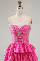 Load image into Gallery viewer, Spakly Fuchsia Beaded Sweetheart Tiered Short Cocktail  Dress with Keyhole