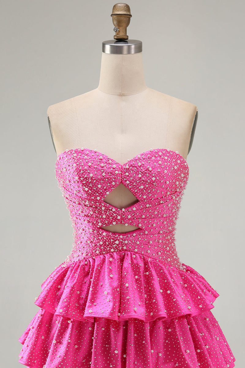 Load image into Gallery viewer, Spakly Fuchsia Beaded Sweetheart Tiered Short Cocktail  Dress with Keyhole