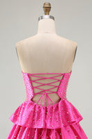 Load image into Gallery viewer, Spakly Fuchsia Beaded Sweetheart Tiered Short Cocktail  Dress with Keyhole