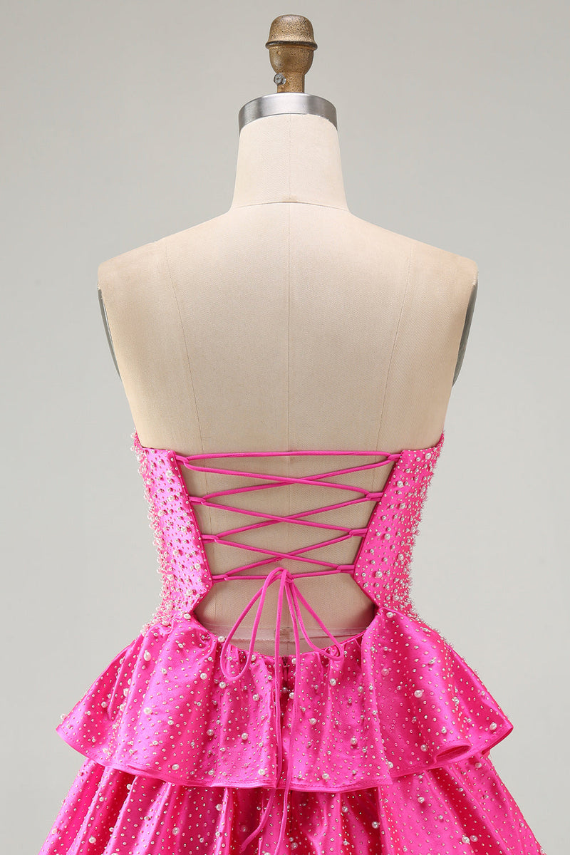 Load image into Gallery viewer, Spakly Fuchsia Beaded Sweetheart Tiered Short Cocktail  Dress with Keyhole