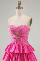 Load image into Gallery viewer, Spakly Fuchsia Beaded Sweetheart Tiered Short Cocktail  Dress with Keyhole