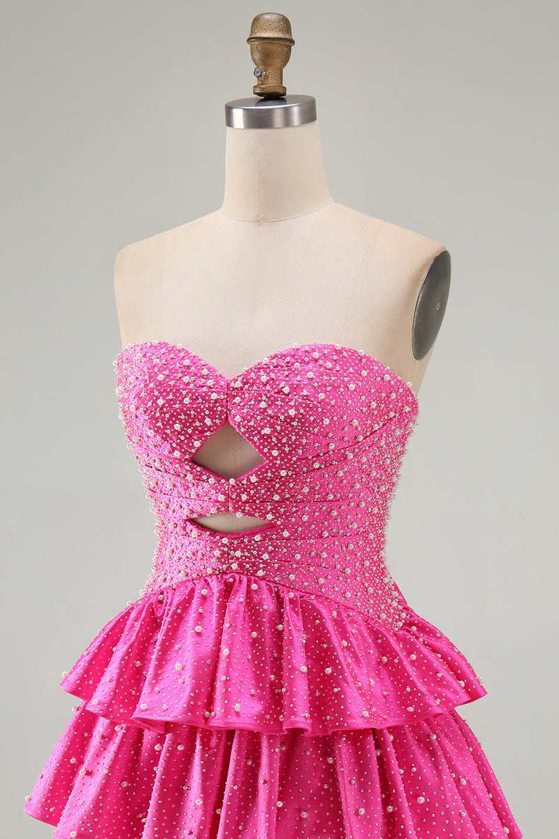 Load image into Gallery viewer, Spakly Fuchsia Beaded Sweetheart Tiered Short Cocktail  Dress with Keyhole