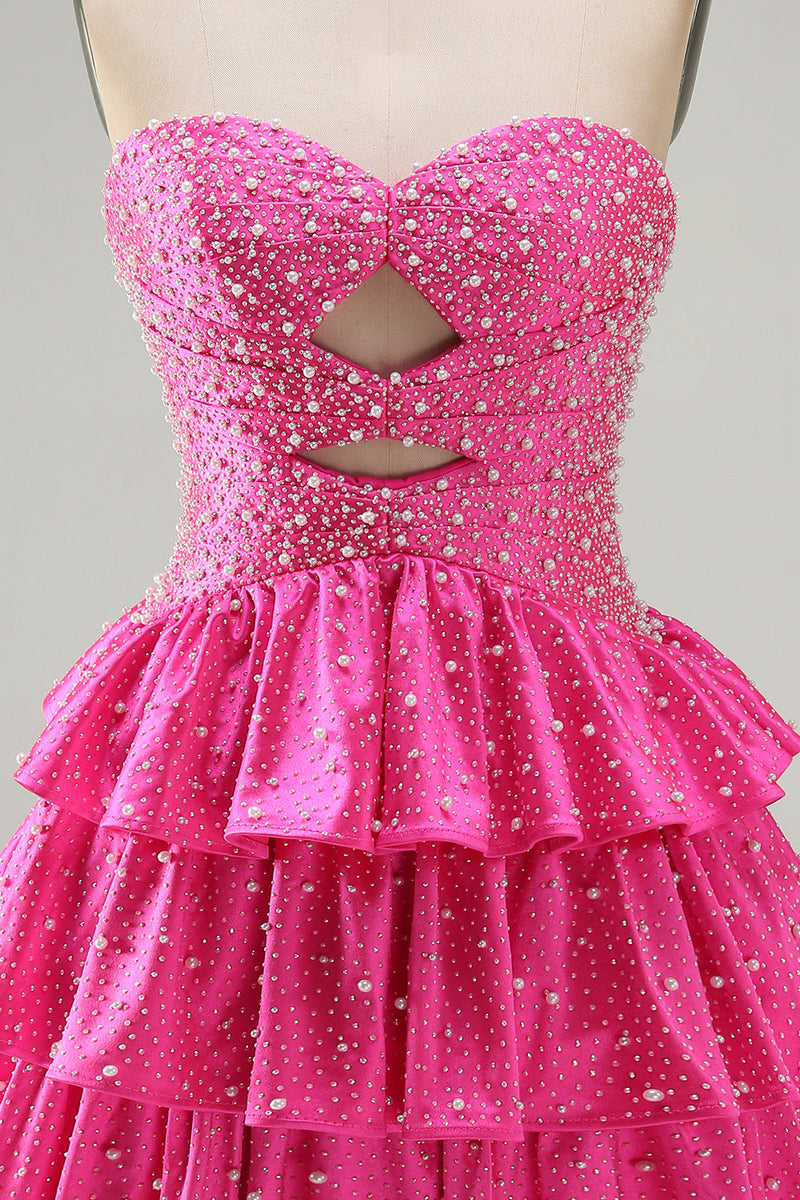 Load image into Gallery viewer, Spakly Fuchsia Beaded Sweetheart Tiered Short Cocktail  Dress with Keyhole