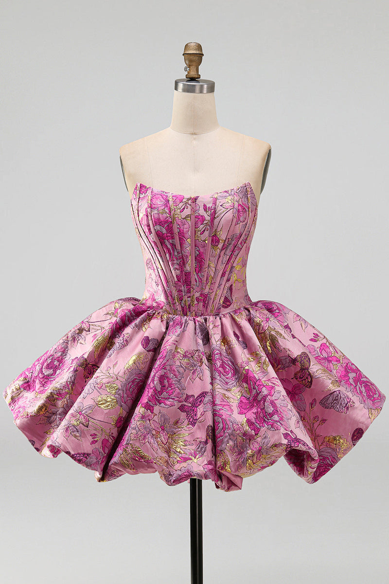 Load image into Gallery viewer, Corset Red Flower A Line Jacquard Strapless Short Bubble Cocktail Dress