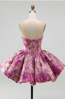 Load image into Gallery viewer, Corset Red Flower A Line Jacquard Strapless Short Bubble Cocktail Dress