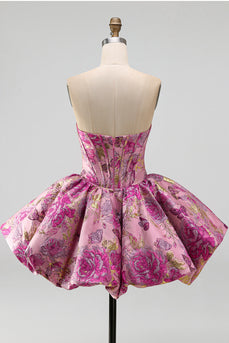 Corset Red Flower A Line Jacquard Strapless Short Bubble Cocktail Dress