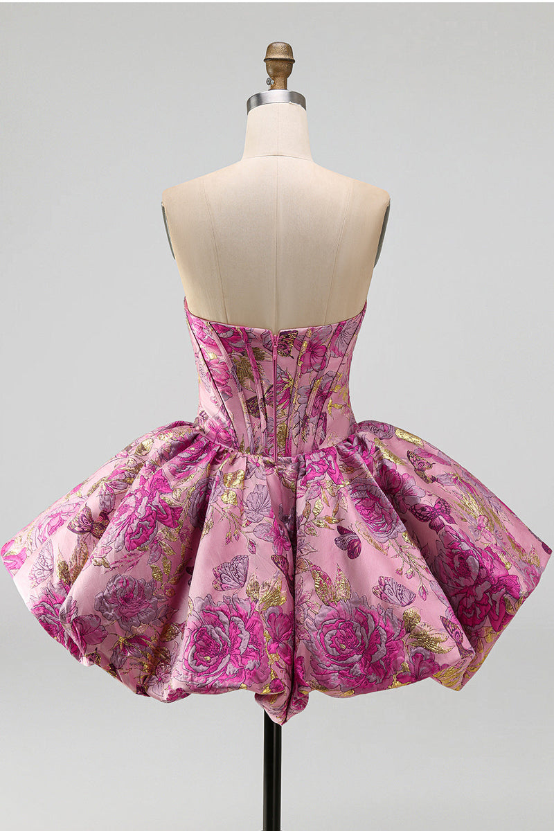 Load image into Gallery viewer, Corset Red Flower A Line Jacquard Strapless Short Bubble Cocktail Dress
