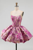 Load image into Gallery viewer, Corset Red Flower A Line Jacquard Strapless Short Bubble Cocktail Dress