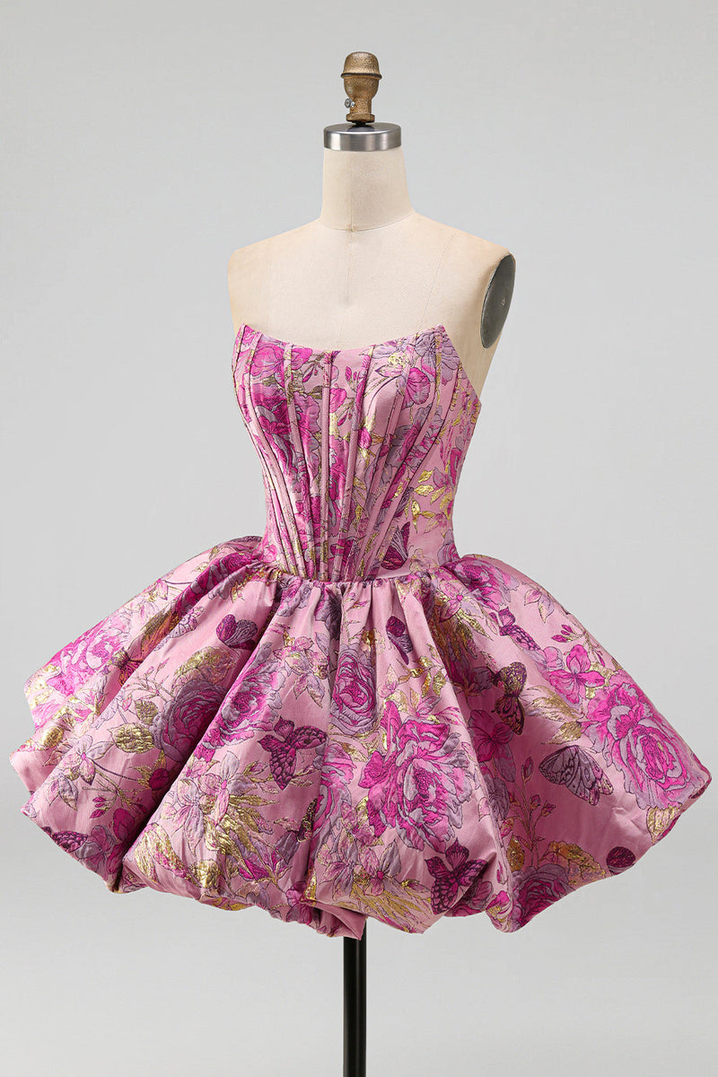 Load image into Gallery viewer, Corset Red Flower A Line Jacquard Strapless Short Bubble Cocktail Dress