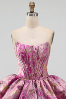Load image into Gallery viewer, Corset Red Flower A Line Jacquard Strapless Short Bubble Cocktail Dress