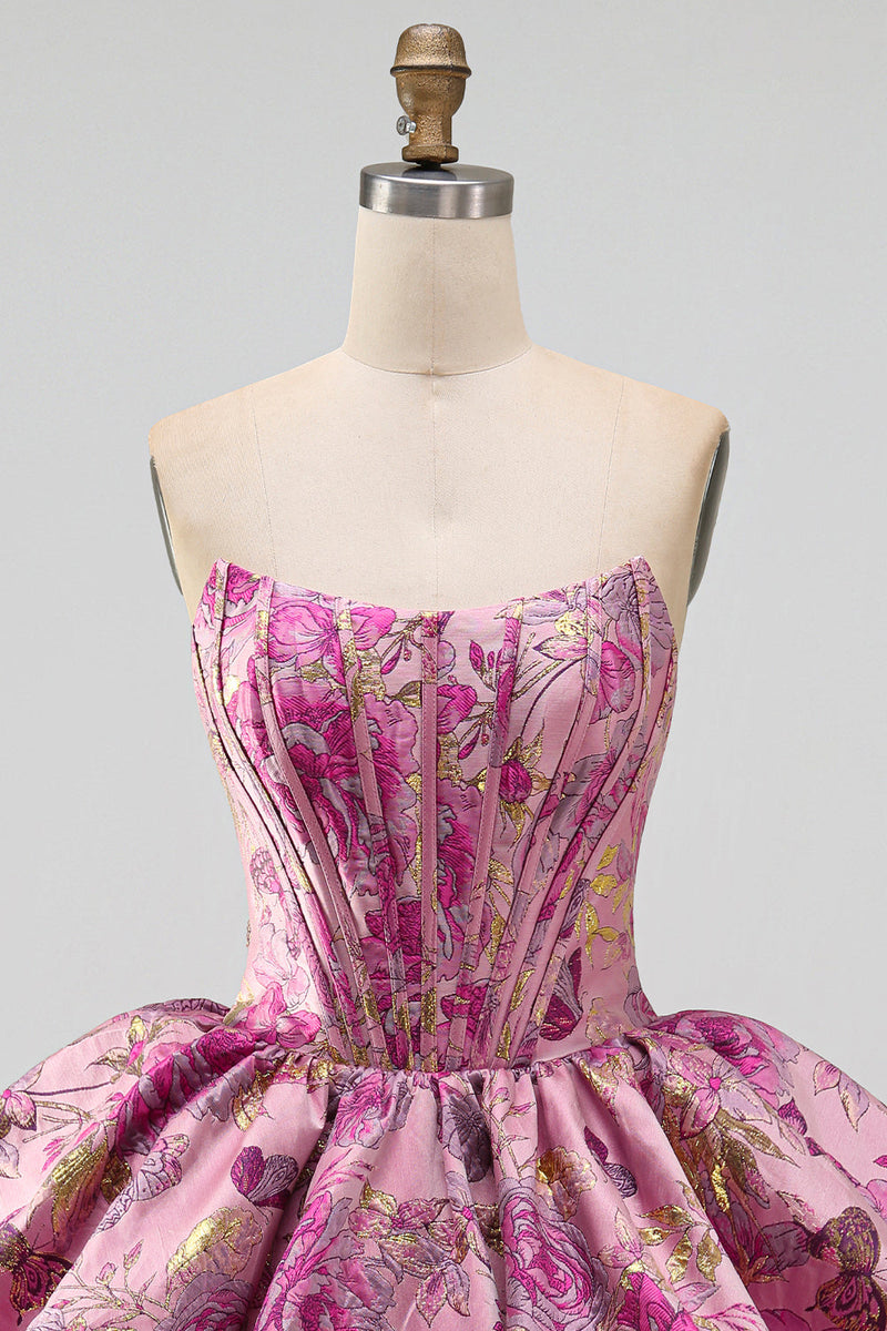 Load image into Gallery viewer, Corset Red Flower A Line Jacquard Strapless Short Bubble Cocktail Dress