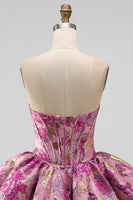 Load image into Gallery viewer, Corset Red Flower A Line Jacquard Strapless Short Bubble Cocktail Dress