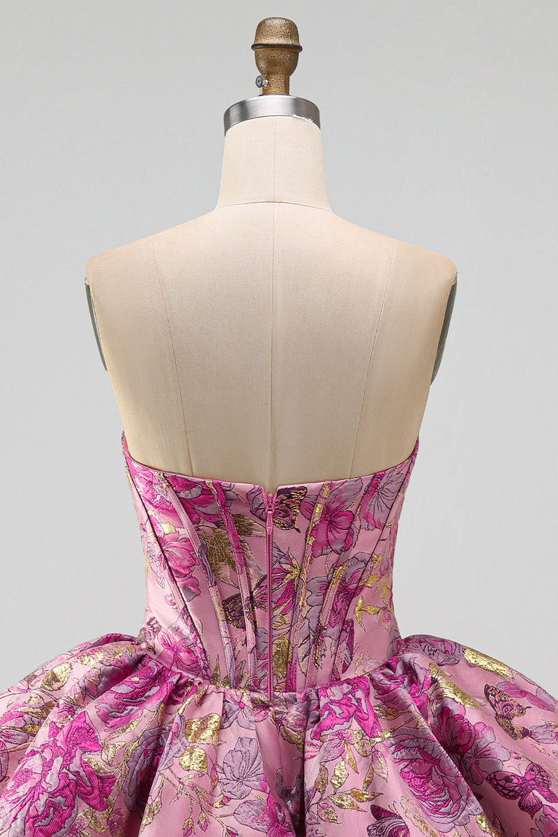 Load image into Gallery viewer, Corset Red Flower A Line Jacquard Strapless Short Bubble Cocktail Dress