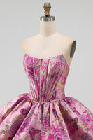 Load image into Gallery viewer, Corset Red Flower A Line Jacquard Strapless Short Bubble Cocktail Dress