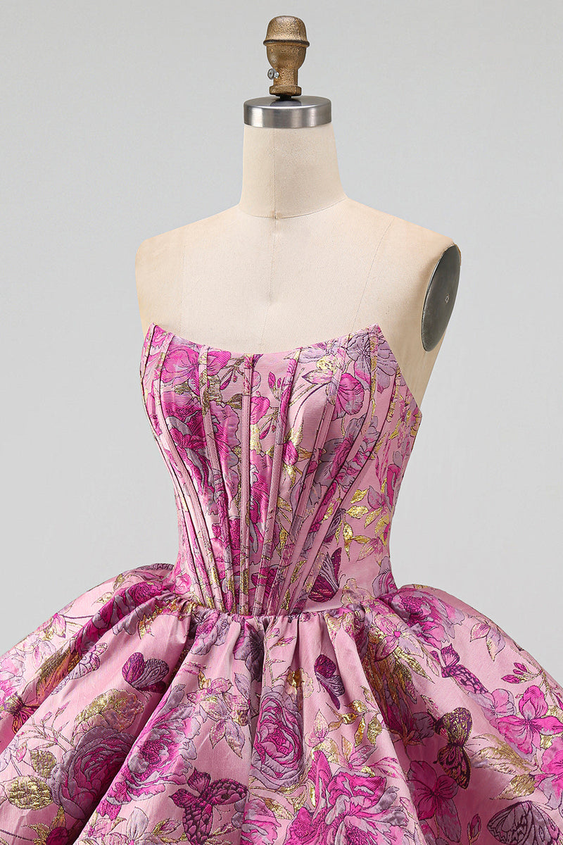 Load image into Gallery viewer, Corset Red Flower A Line Jacquard Strapless Short Bubble Cocktail Dress