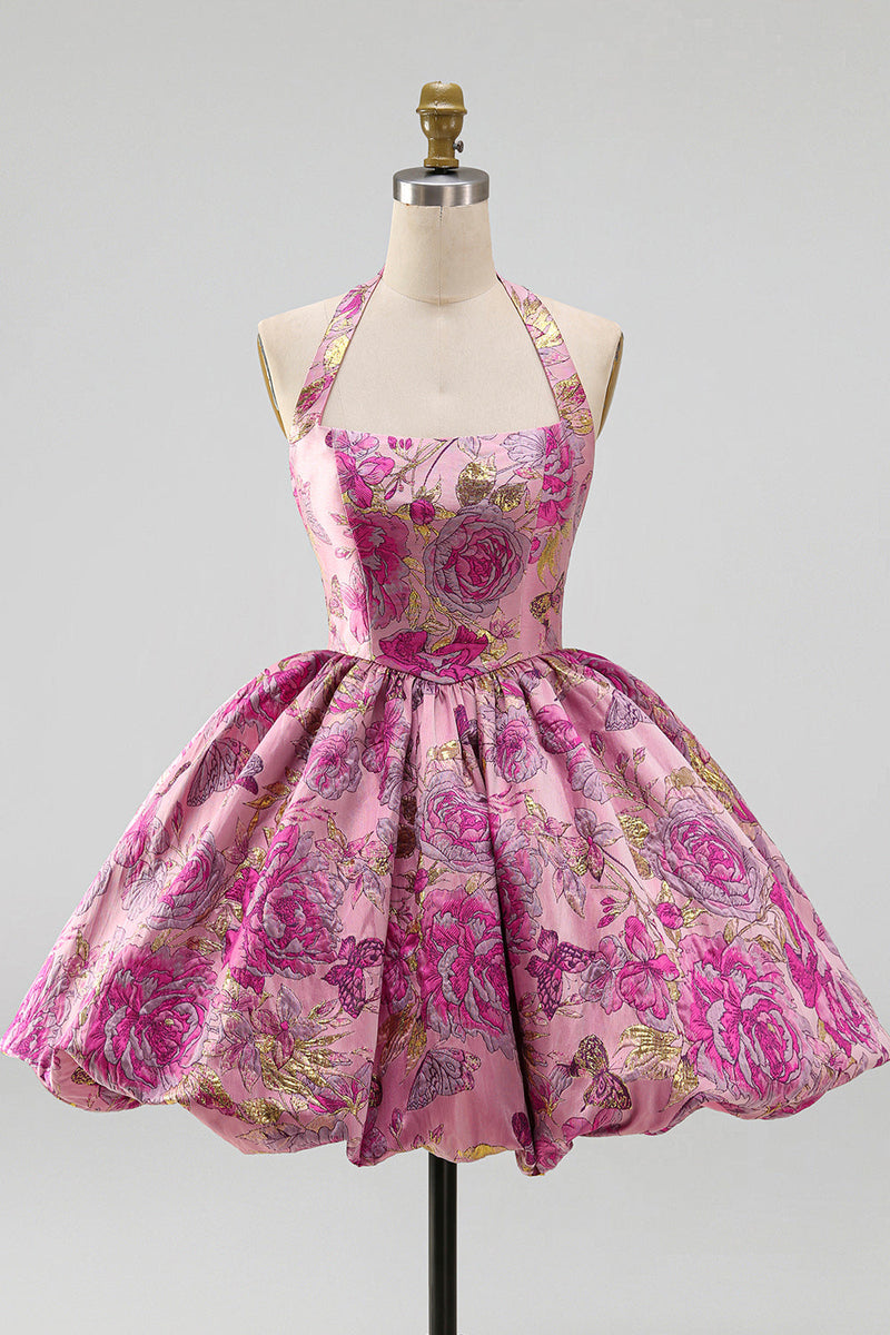 Load image into Gallery viewer, Jacquard Red Flower Halter A Line Short Bubble Cocktail Dress