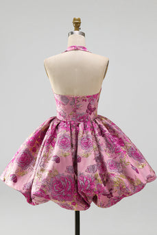 Jacquard Red Flower Halter A Line Short Bubble Cocktail Dress