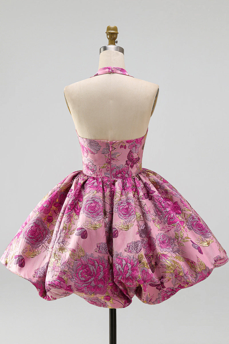 Load image into Gallery viewer, Jacquard Red Flower Halter A Line Short Bubble Cocktail Dress