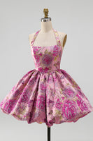 Load image into Gallery viewer, Jacquard Red Flower Halter A Line Short Bubble Cocktail Dress