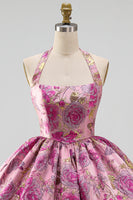 Load image into Gallery viewer, Jacquard Red Flower Halter A Line Short Bubble Cocktail Dress