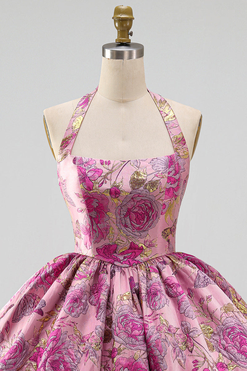 Load image into Gallery viewer, Jacquard Red Flower Halter A Line Short Bubble Cocktail Dress