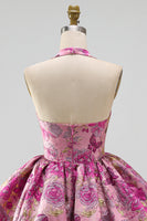 Load image into Gallery viewer, Jacquard Red Flower Halter A Line Short Bubble Cocktail Dress