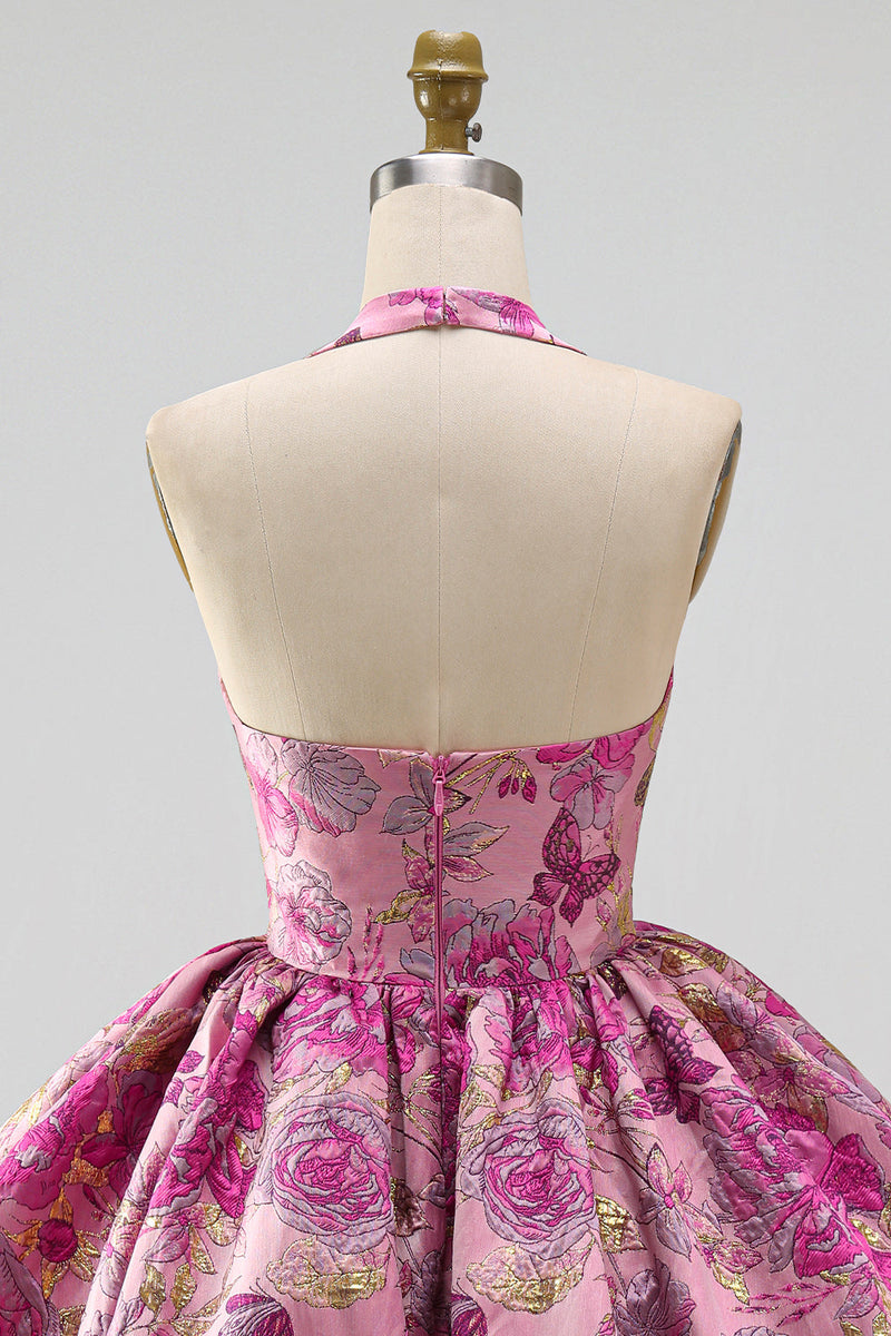 Load image into Gallery viewer, Jacquard Red Flower Halter A Line Short Bubble Cocktail Dress