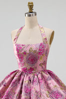 Load image into Gallery viewer, Jacquard Red Flower Halter A Line Short Bubble Cocktail Dress