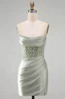 Load image into Gallery viewer, Sparkly Dusty Green Satin Bodycon Ruched Short Cocktail Dress with Sequins