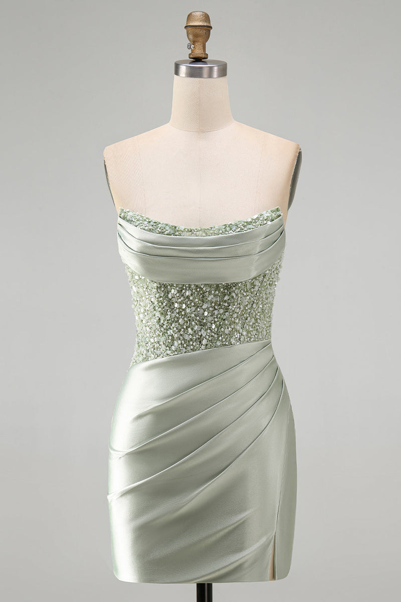 Load image into Gallery viewer, Sparkly Dusty Green Satin Bodycon Ruched Short Cocktail Dress with Sequins