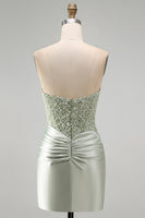 Load image into Gallery viewer, Sparkly Dusty Green Satin Bodycon Ruched Short Cocktail Dress with Sequins