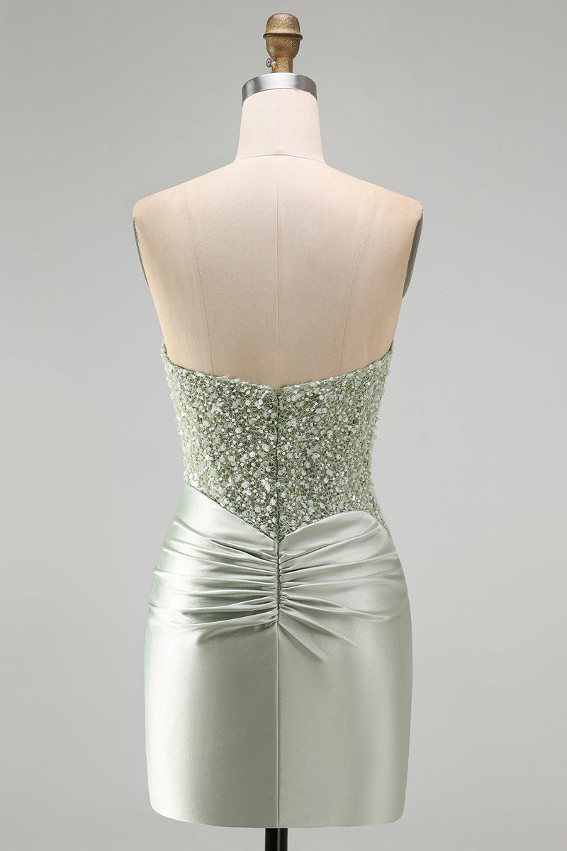 Load image into Gallery viewer, Sparkly Dusty Green Satin Bodycon Ruched Short Cocktail Dress with Sequins