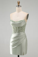 Load image into Gallery viewer, Sparkly Dusty Green Satin Bodycon Ruched Short Cocktail Dress with Sequins