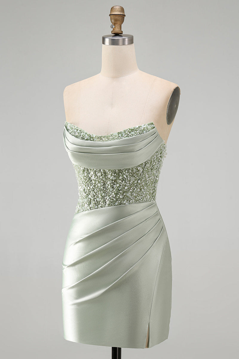 Load image into Gallery viewer, Sparkly Dusty Green Satin Bodycon Ruched Short Cocktail Dress with Sequins