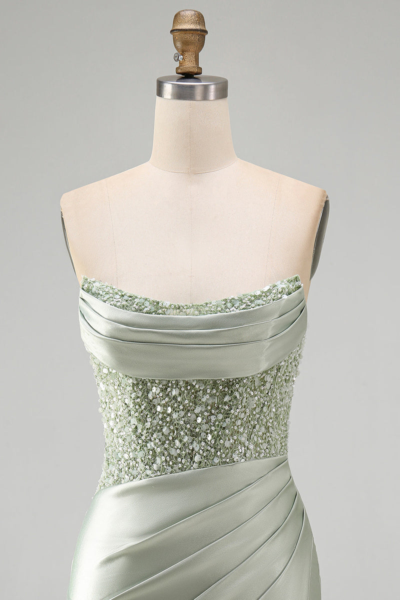 Load image into Gallery viewer, Sparkly Dusty Green Satin Bodycon Ruched Short Cocktail Dress with Sequins