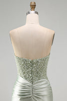 Load image into Gallery viewer, Sparkly Dusty Green Satin Bodycon Ruched Short Cocktail Dress with Sequins