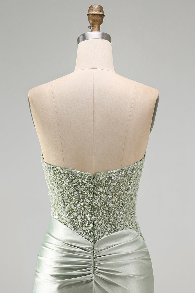 Load image into Gallery viewer, Sparkly Dusty Green Satin Bodycon Ruched Short Cocktail Dress with Sequins