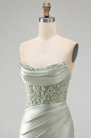 Load image into Gallery viewer, Sparkly Dusty Green Satin Bodycon Ruched Short Cocktail Dress with Sequins