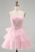 Load image into Gallery viewer, Pink A Line Corset Sparkly Tiered Ruffled Strapless Short Cocktail Dress with Sequins