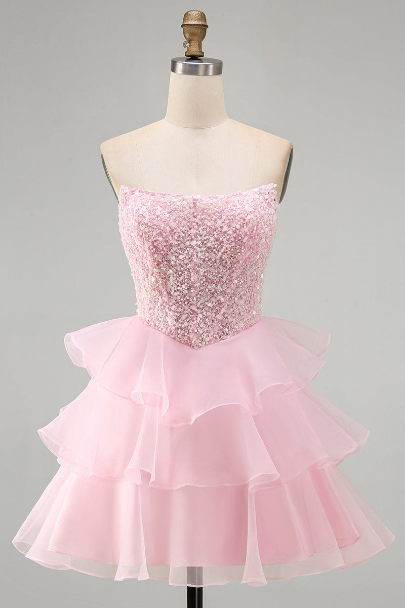 Load image into Gallery viewer, Pink A Line Corset Sparkly Tiered Ruffled Strapless Short Cocktail Dress with Sequins