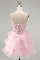 Load image into Gallery viewer, Pink A Line Corset Sparkly Tiered Ruffled Strapless Short Cocktail Dress with Sequins