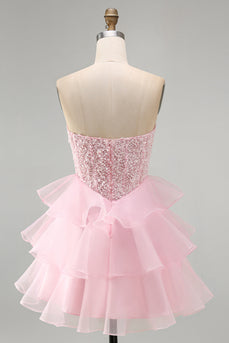 Pink A Line Corset Sparkly Tiered Ruffled Strapless Short Cocktail Dress with Sequins