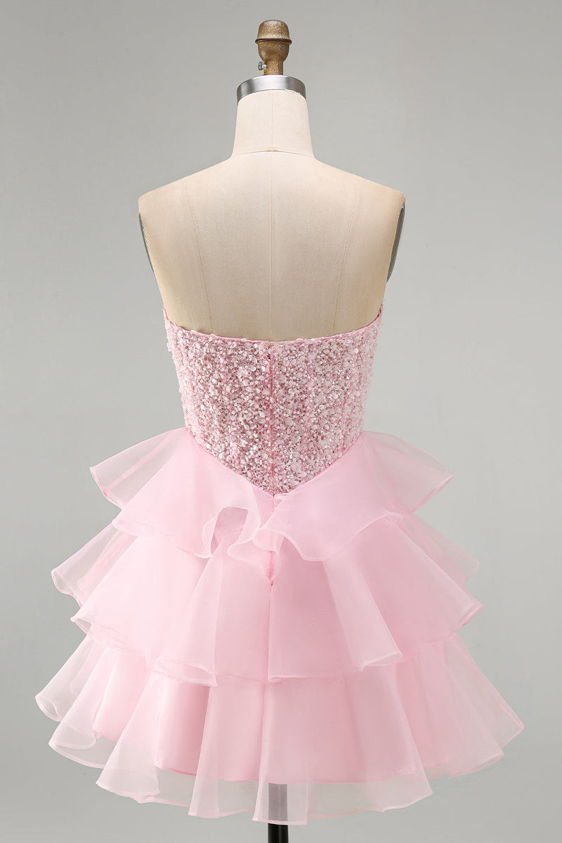 Load image into Gallery viewer, Pink A Line Corset Sparkly Tiered Ruffled Strapless Short Cocktail Dress with Sequins
