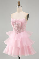 Load image into Gallery viewer, Pink A Line Corset Sparkly Tiered Ruffled Strapless Short Cocktail Dress with Sequins