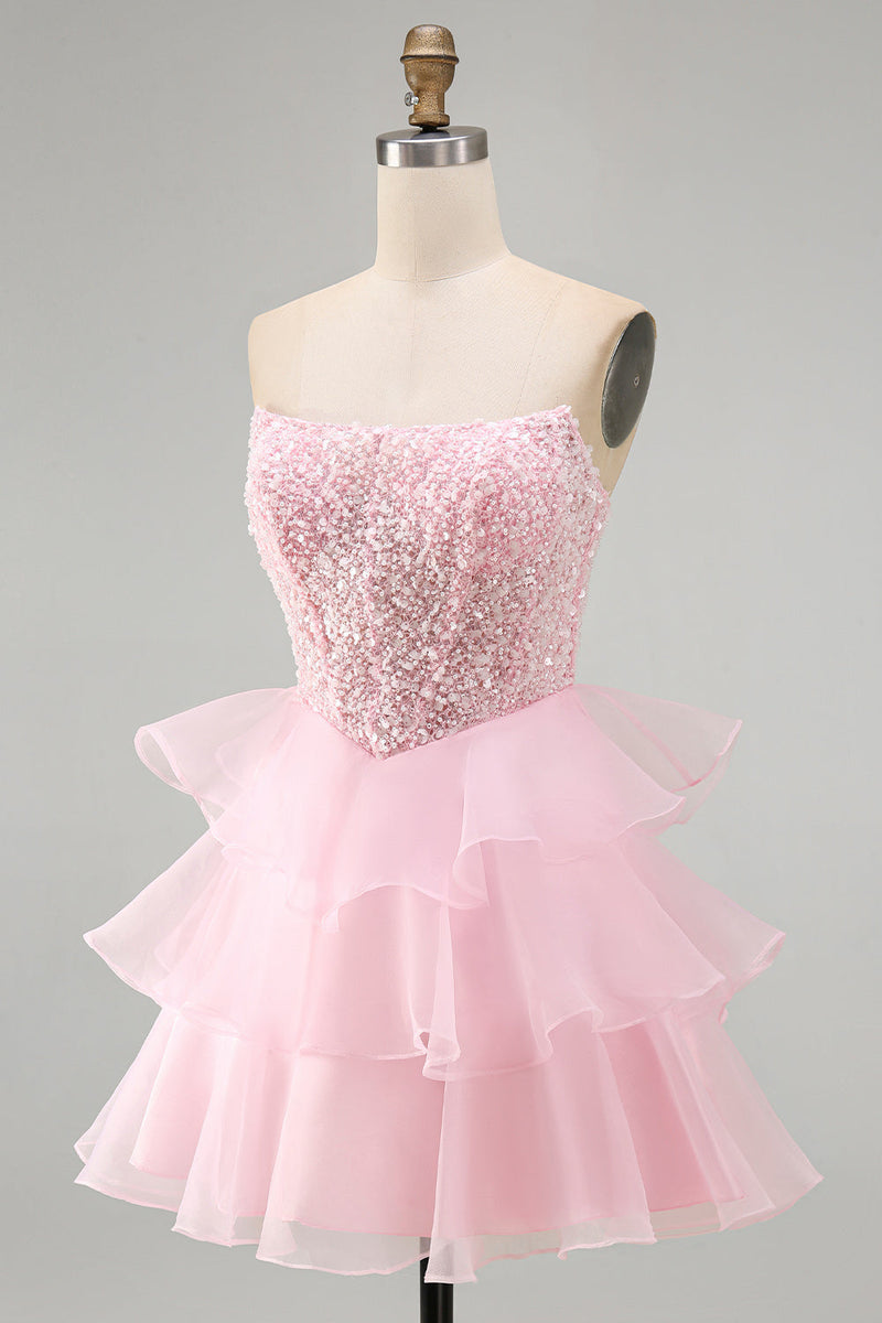 Load image into Gallery viewer, Pink A Line Corset Sparkly Tiered Ruffled Strapless Short Cocktail Dress with Sequins