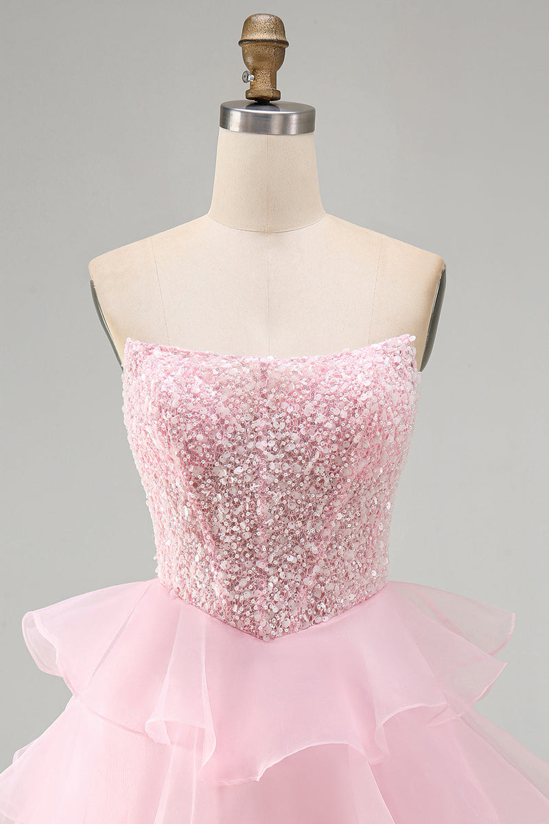 Load image into Gallery viewer, Pink A Line Corset Sparkly Tiered Ruffled Strapless Short Cocktail Dress with Sequins
