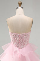 Load image into Gallery viewer, Pink A Line Corset Sparkly Tiered Ruffled Strapless Short Cocktail Dress with Sequins
