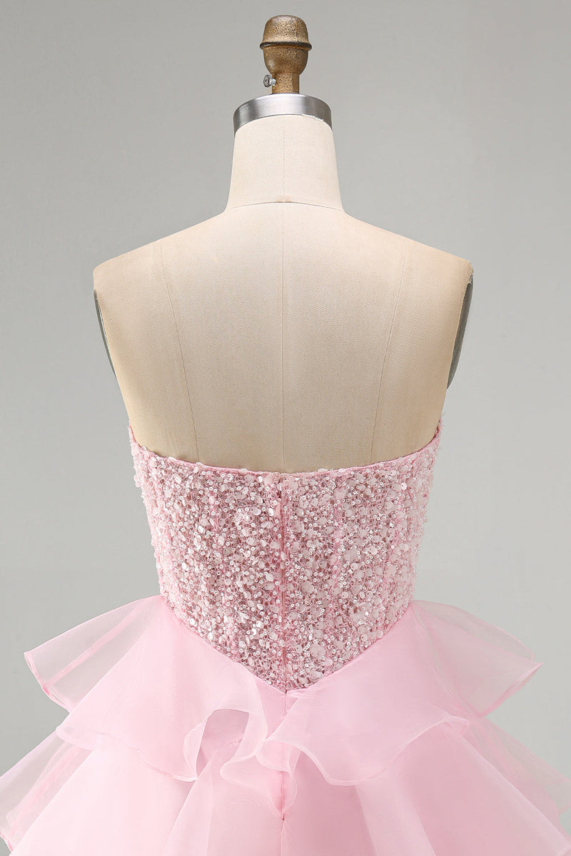 Load image into Gallery viewer, Pink A Line Corset Sparkly Tiered Ruffled Strapless Short Cocktail Dress with Sequins