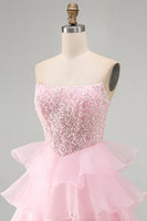 Load image into Gallery viewer, Pink A Line Corset Sparkly Tiered Ruffled Strapless Short Cocktail Dress with Sequins