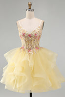 Load image into Gallery viewer, Floral Yellow Corset Beaded Sparkly Ruffled V-Neck Mini Cocktial Dress